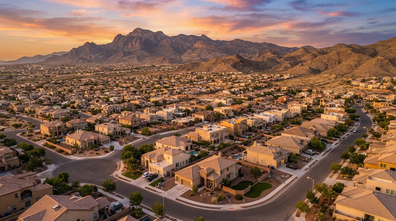 Aerial view of a suburban El Paso, Texas neighborhood at sunset with desert mountains in the distance, AI-generated concept imagery