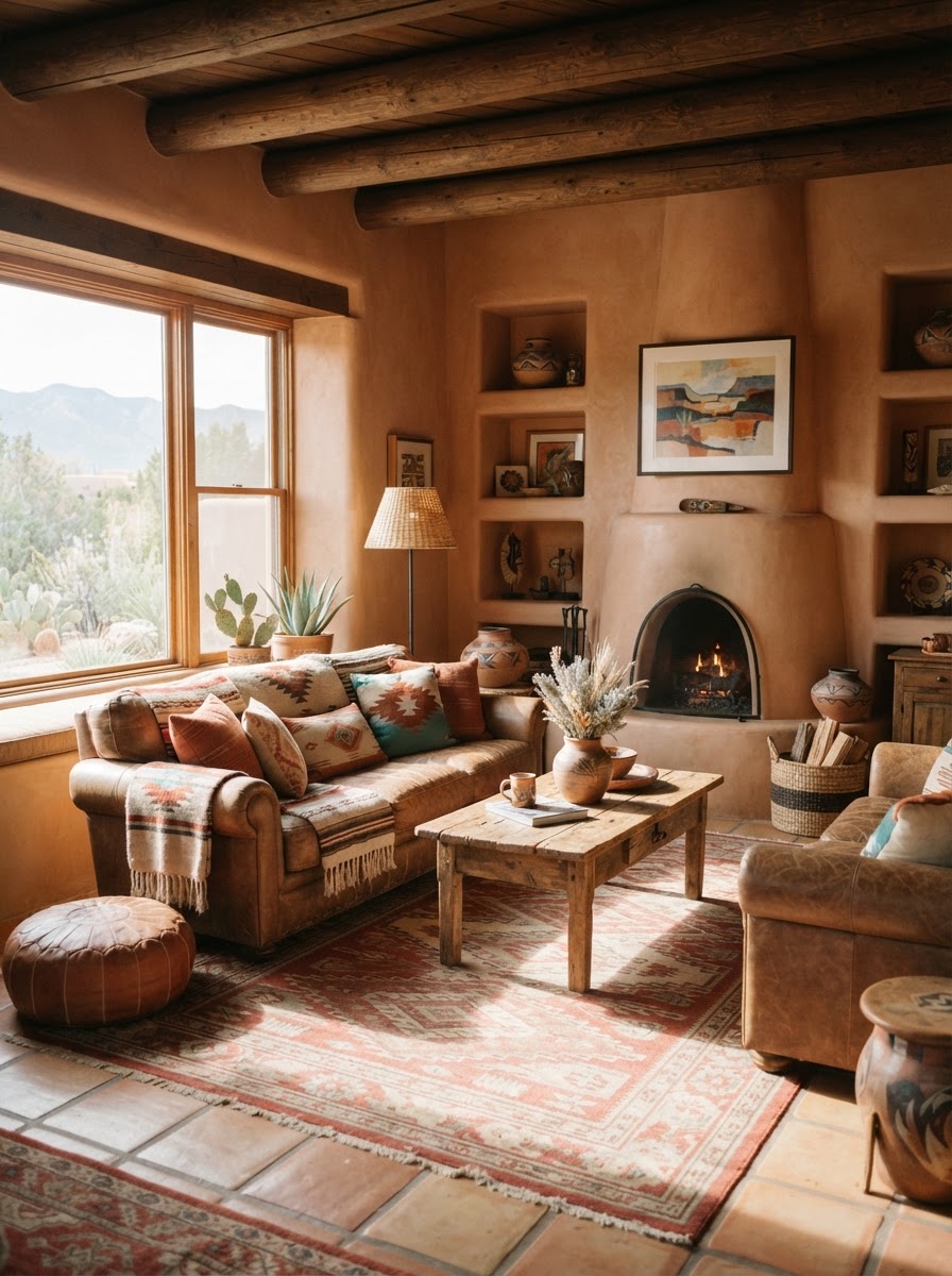 Cozy Southwest style home interior, AI-generated concept imagery