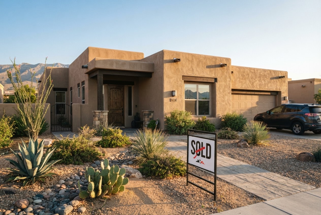 Southwest style home with a sold sign, AI-generated concept imagery