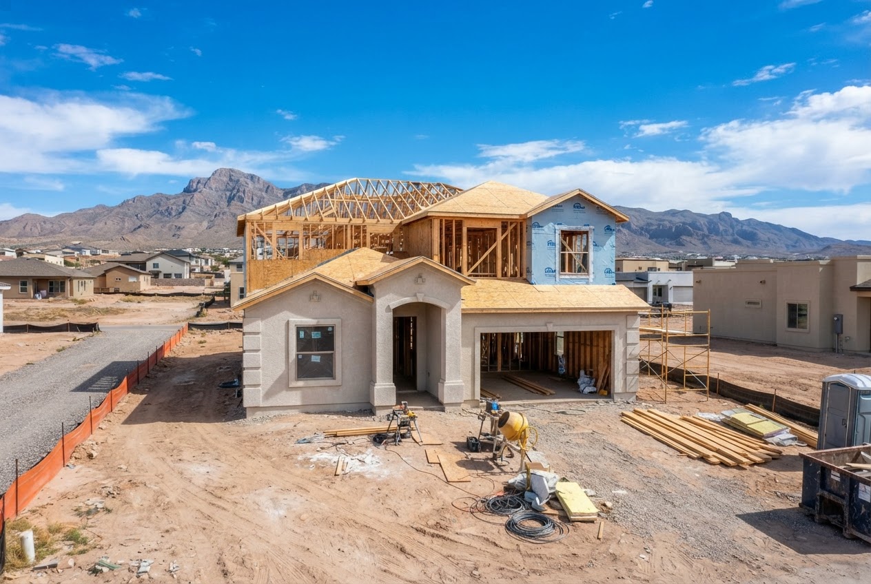 New construction home under a desert sky, AI-generated concept imagery