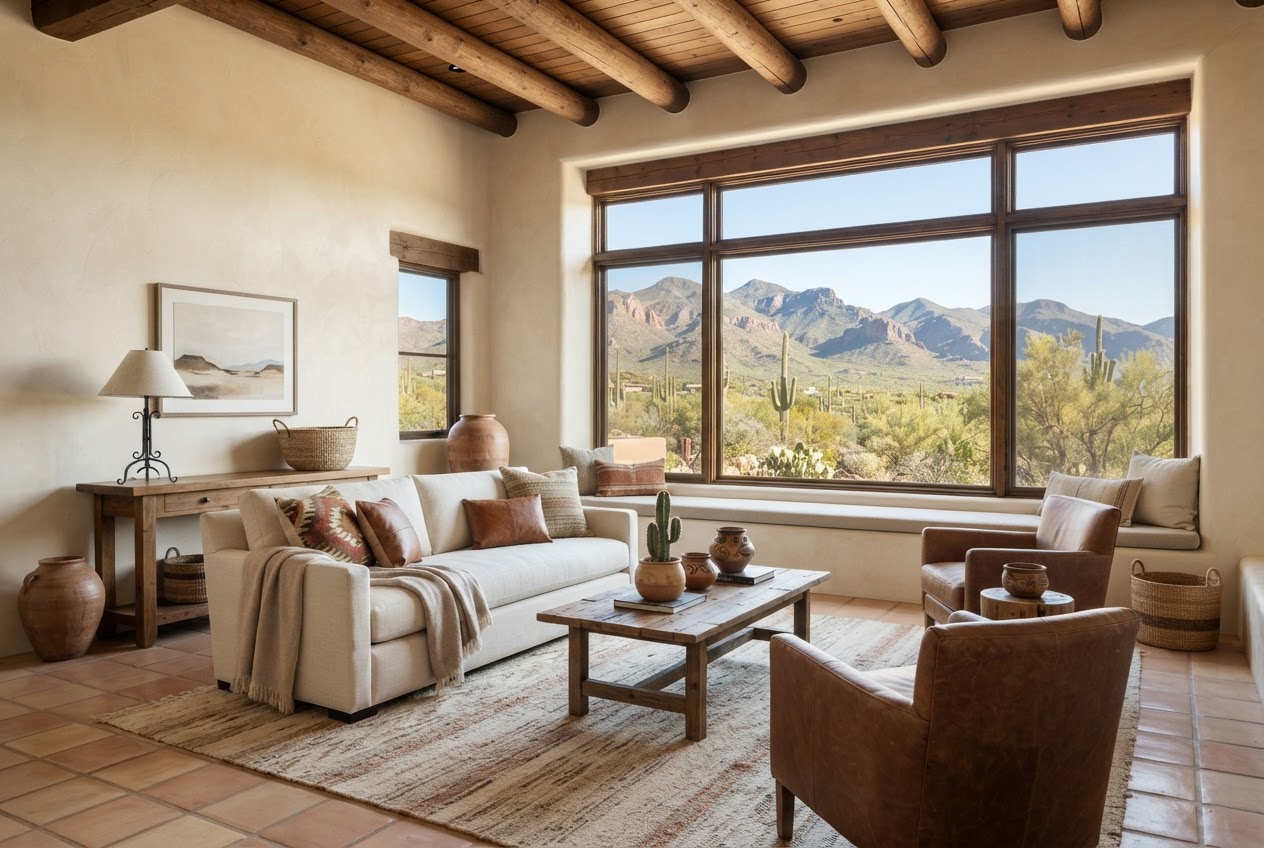 Bright staged living room with a desert mountain view, AI-generated concept imagery
