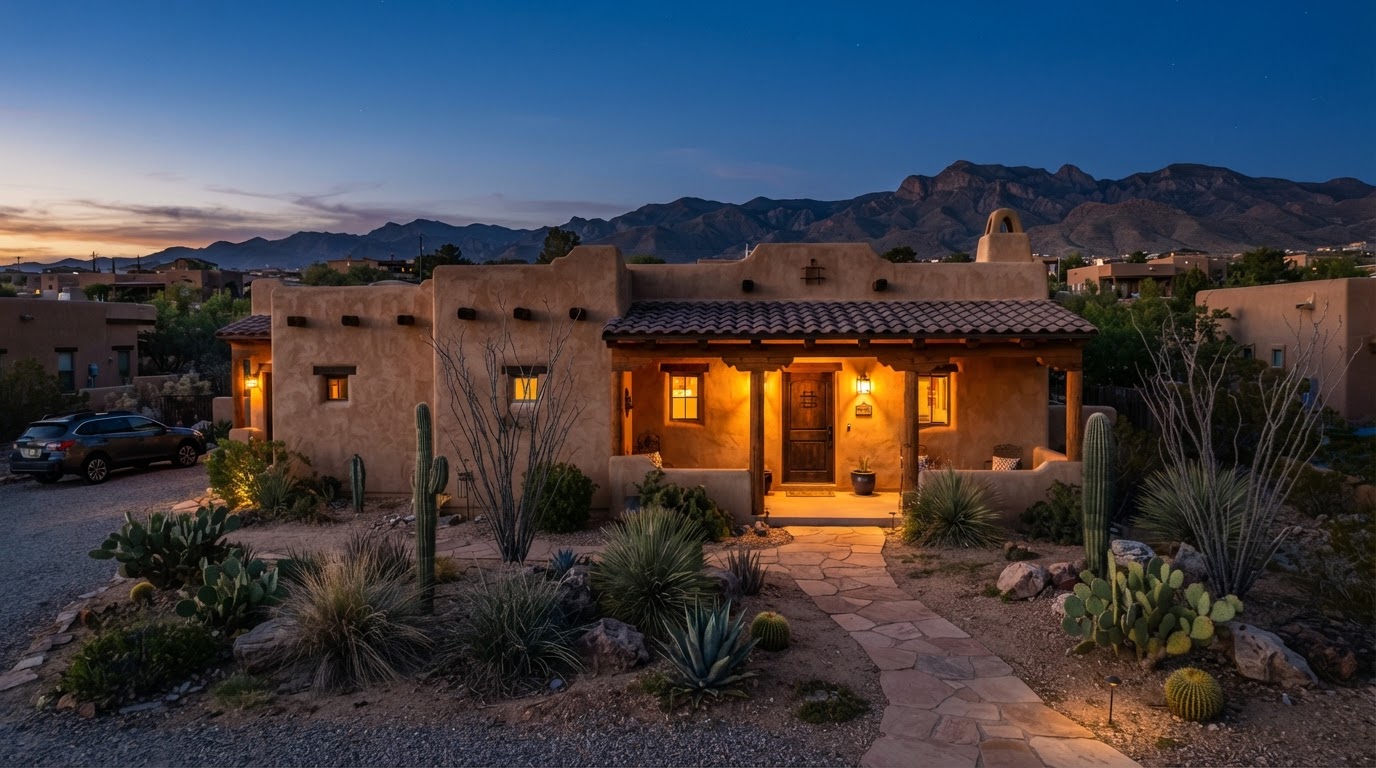 Southwest desert stucco home exterior at dusk, AI-generated concept imagery